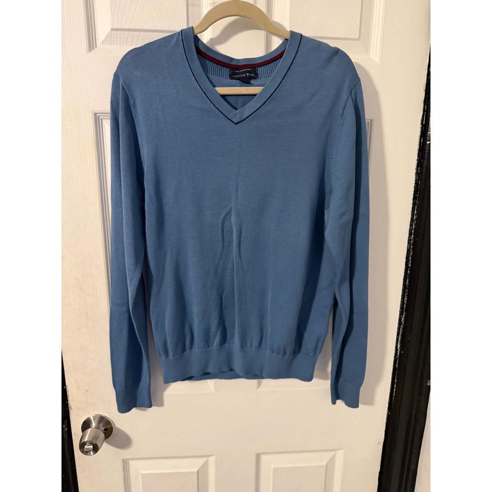 Lands End Mens Blue 100% Supima Cotton V-Neck Sweater Size M 38-40